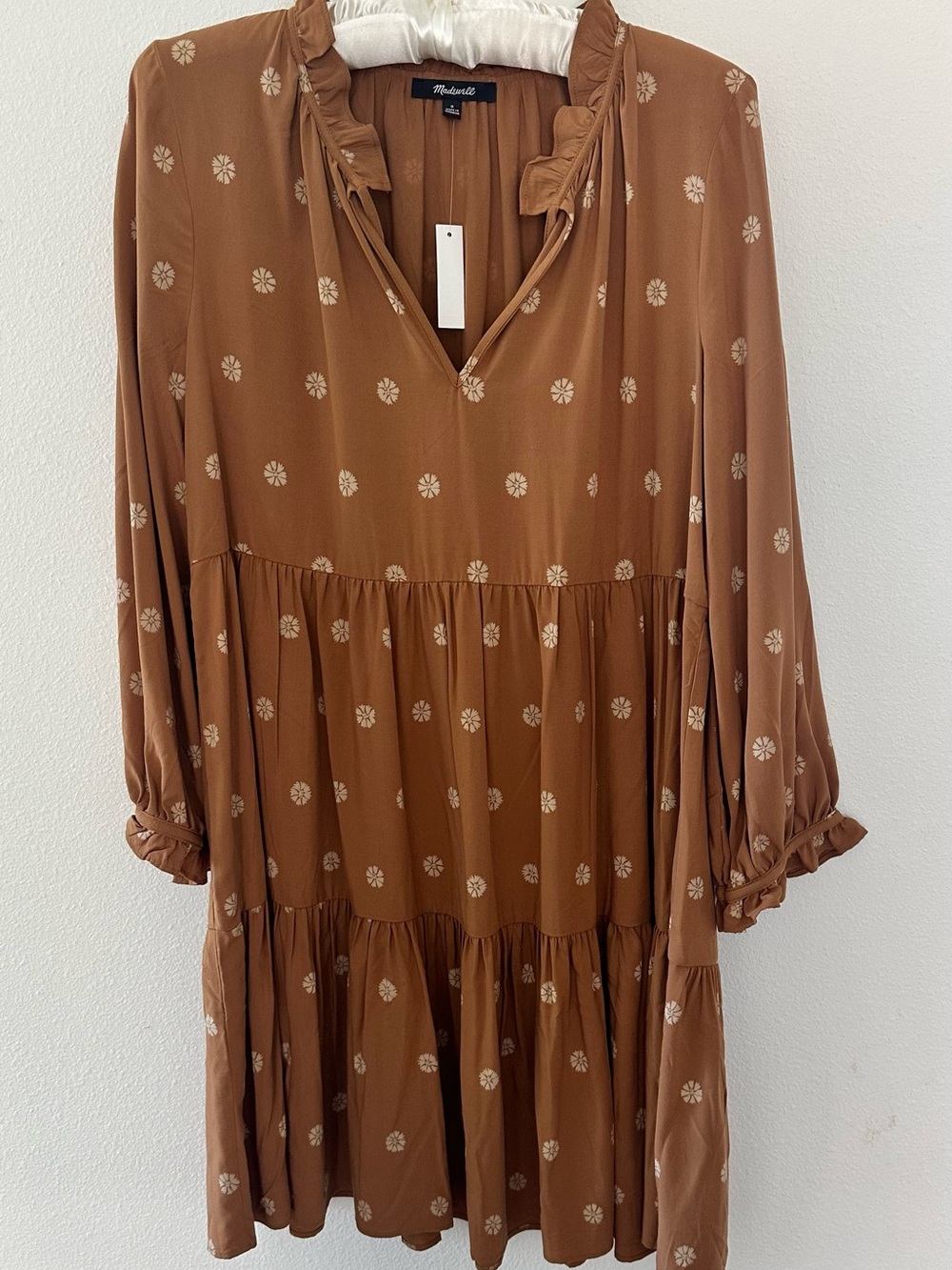 Madewell Rust Brown Floral Tiered Long-Sleeve Dress